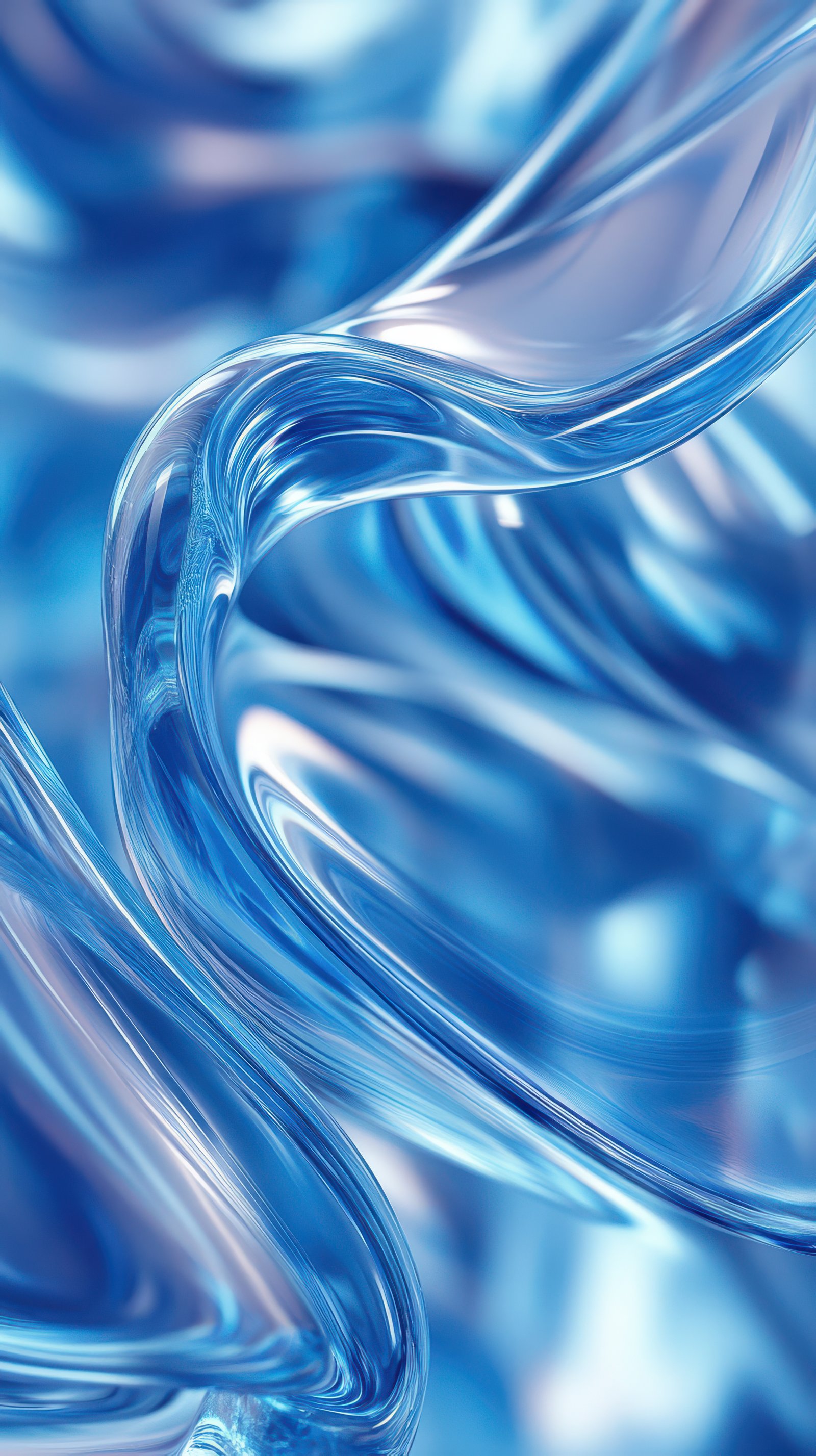 Flowing blue curves create an abstract design of glass-like texture in a serene and calming atmosphere